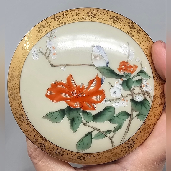 Vintage Porcelain Trinket Jewelry Box with Birds & Flowers Gold 3.5” Japan - Picture 6 of 15